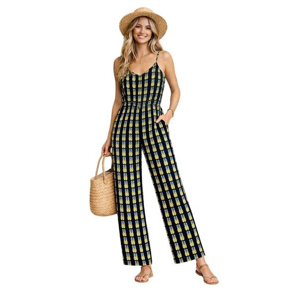 Divided by H&M Pants - Divided H&M Pineapple Jumpsuit Black Yellow Adjustable Straps Pockets Sz 10